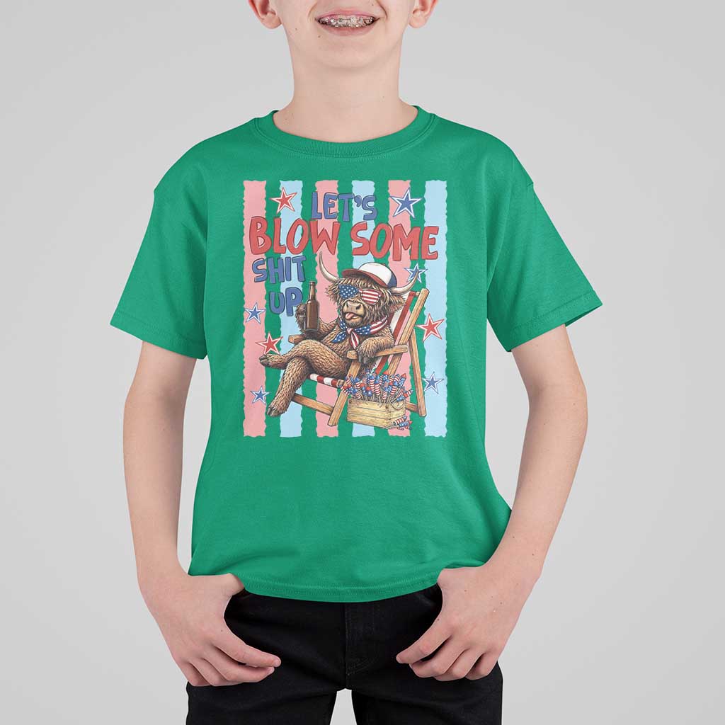 Funny Patriotic Highland Cow T Shirt For Kid 4th Of July Fireworks Celebration