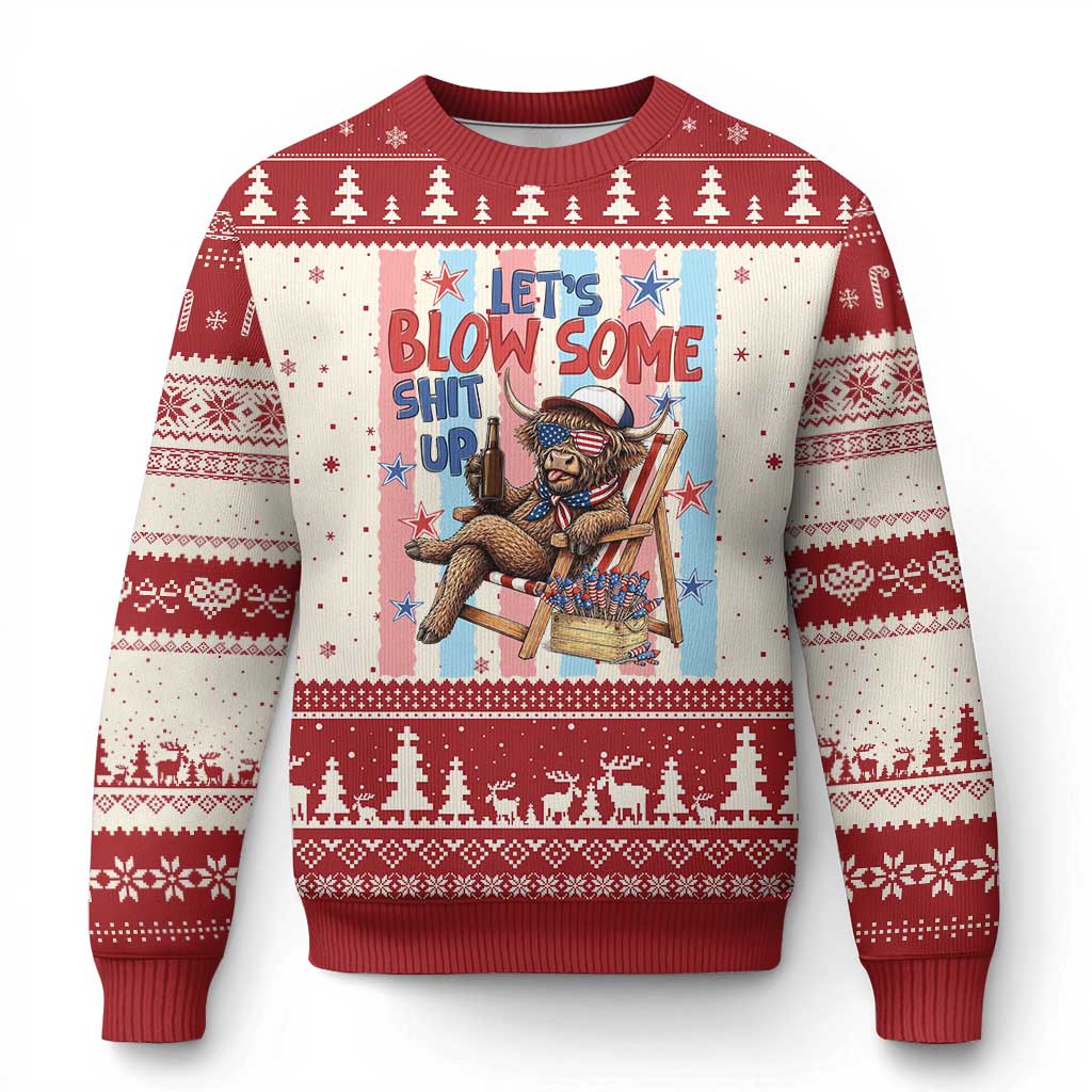 Funny Patriotic Highland Cow Ugly Christmas Sweater 4th Of July Fireworks Celebration