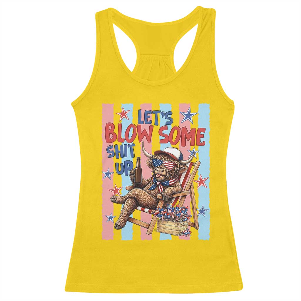 Funny Patriotic Highland Cow Racerback Tank Top 4th Of July Fireworks Celebration