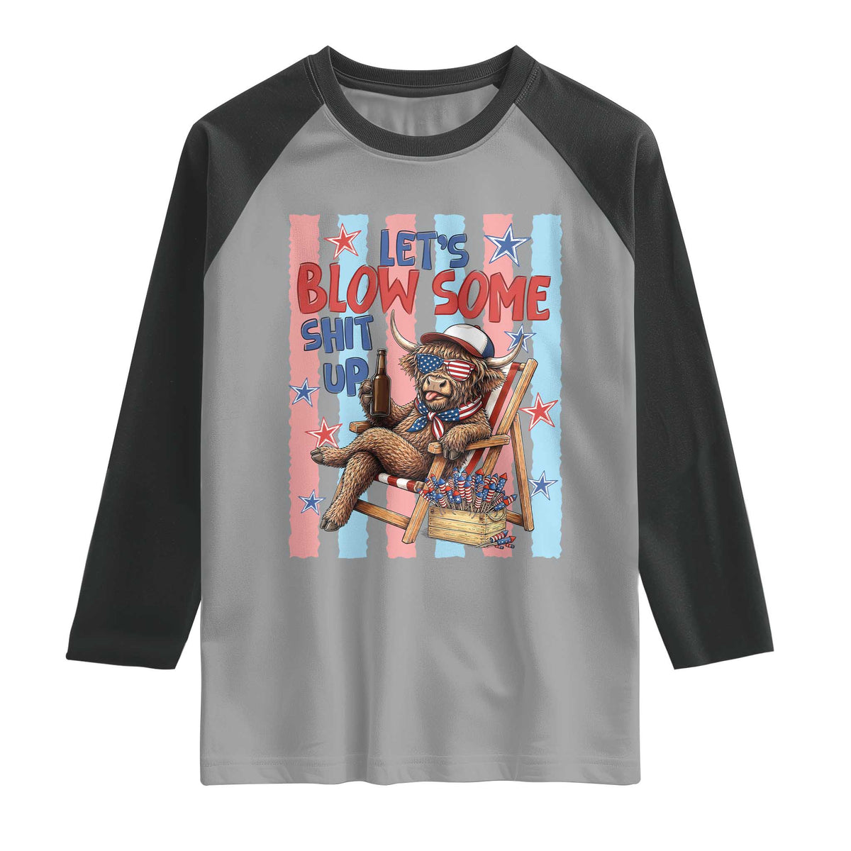 Funny Patriotic Highland Cow Raglan Shirt 4th Of July Fireworks Celebration
