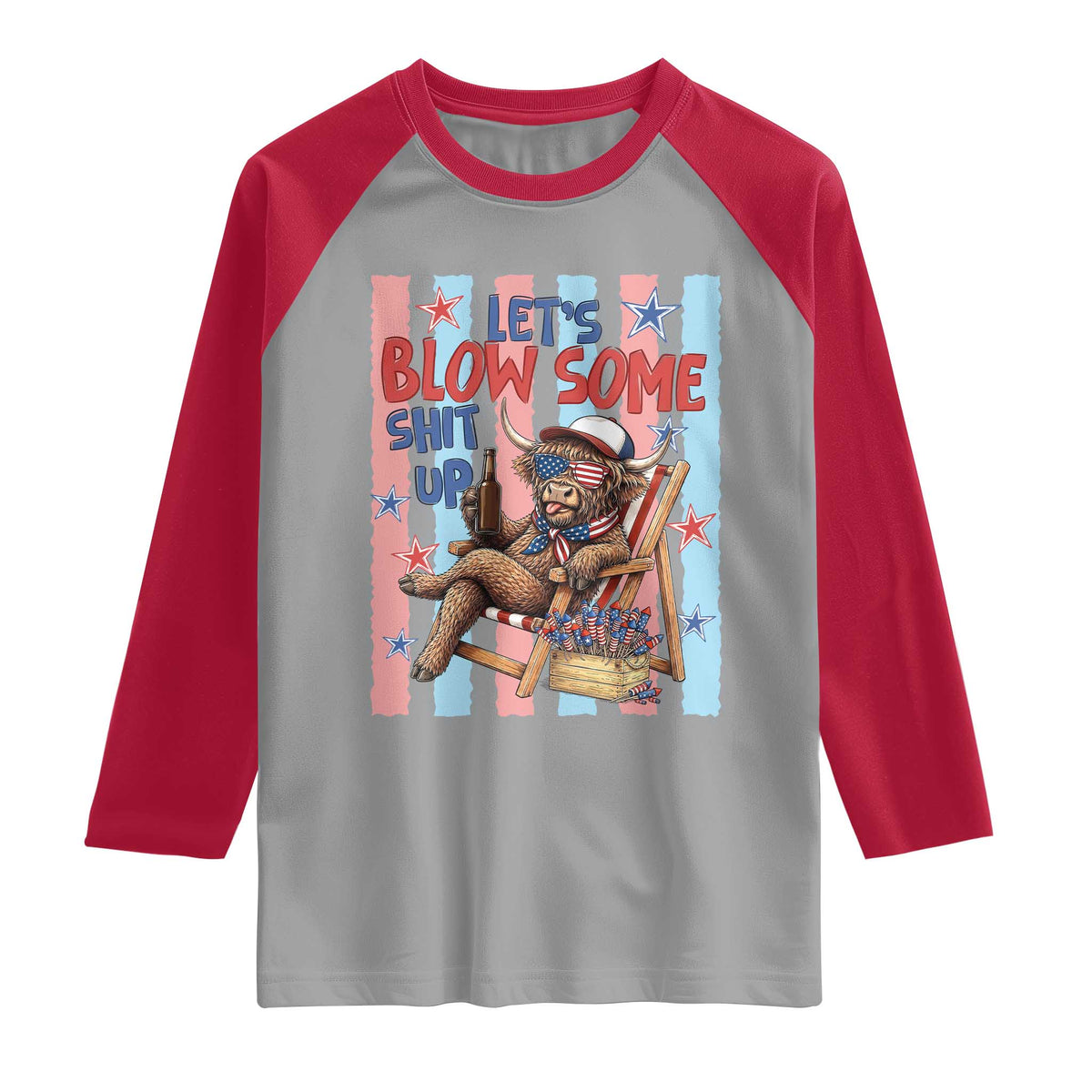 Funny Patriotic Highland Cow Raglan Shirt 4th Of July Fireworks Celebration