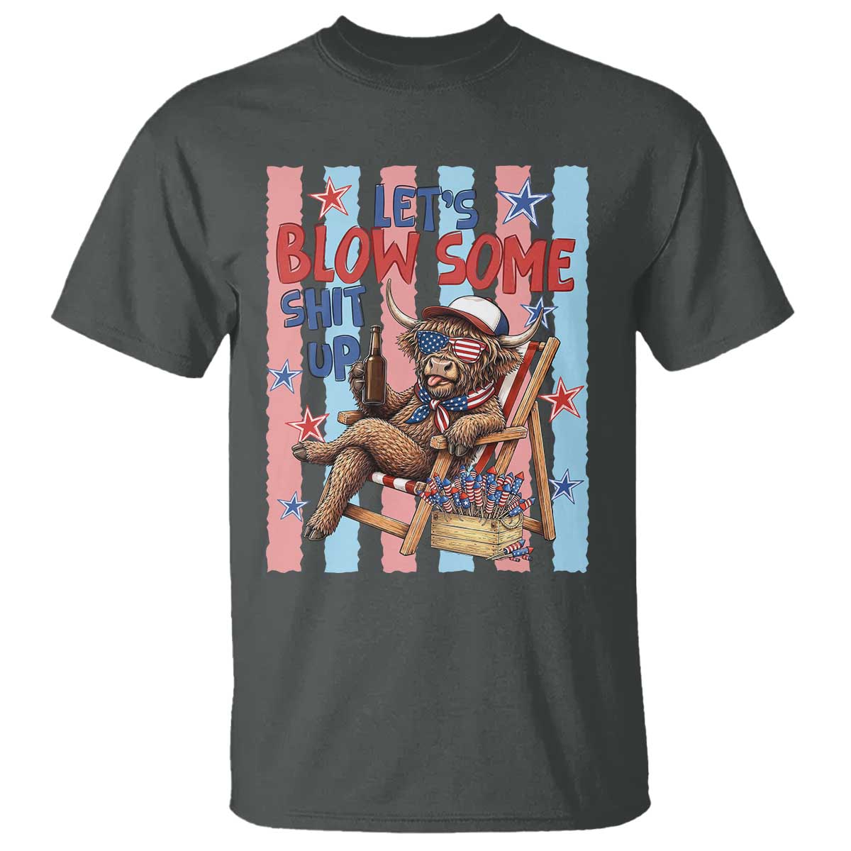 Funny Patriotic Highland Cow T Shirt 4th Of July Fireworks Celebration