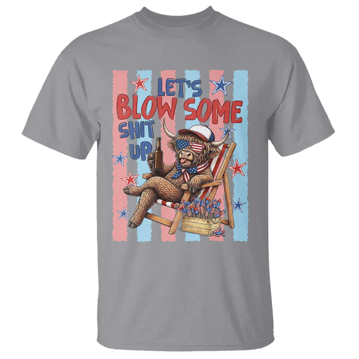 Funny Patriotic Highland Cow T Shirt 4th Of July Fireworks Celebration