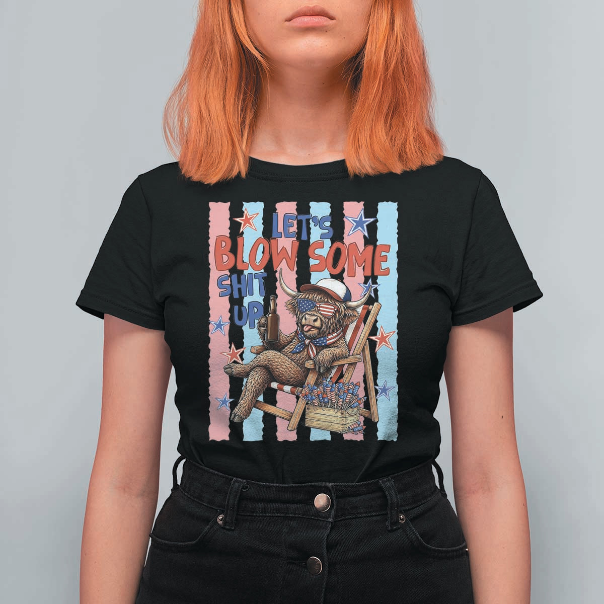 Funny Patriotic Highland Cow T Shirt For Women 4th Of July Fireworks Celebration