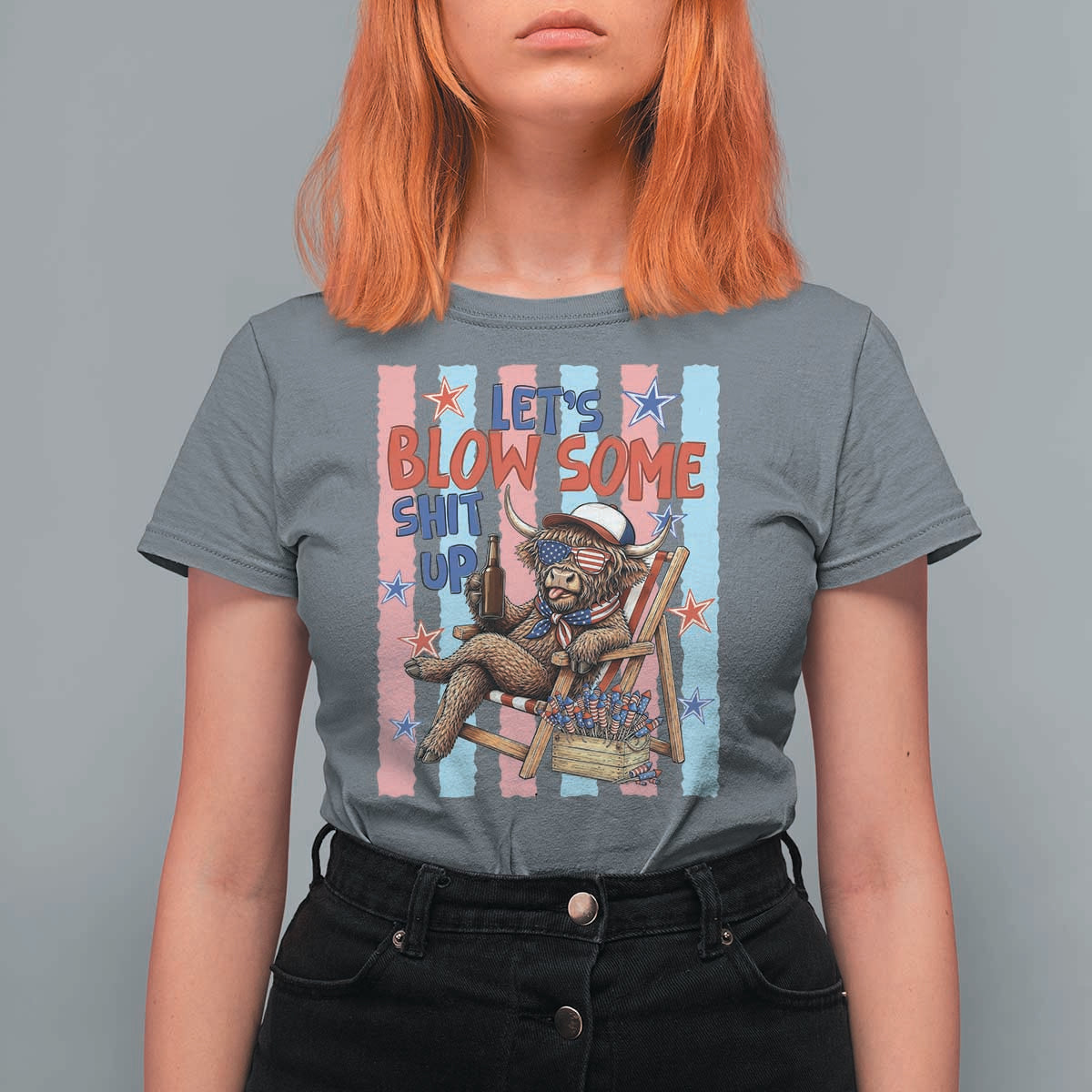 Funny Patriotic Highland Cow T Shirt For Women 4th Of July Fireworks Celebration