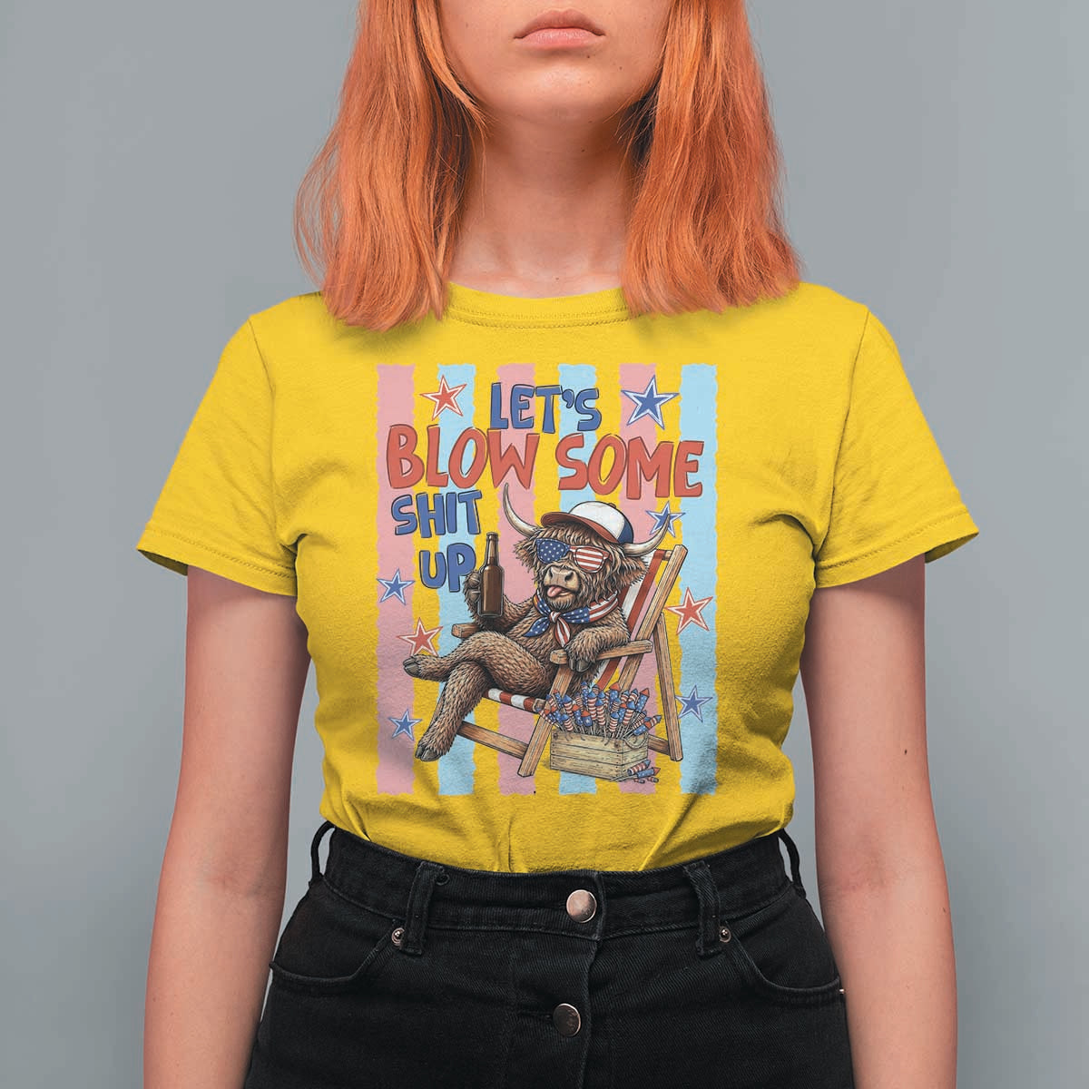 Funny Patriotic Highland Cow T Shirt For Women 4th Of July Fireworks Celebration