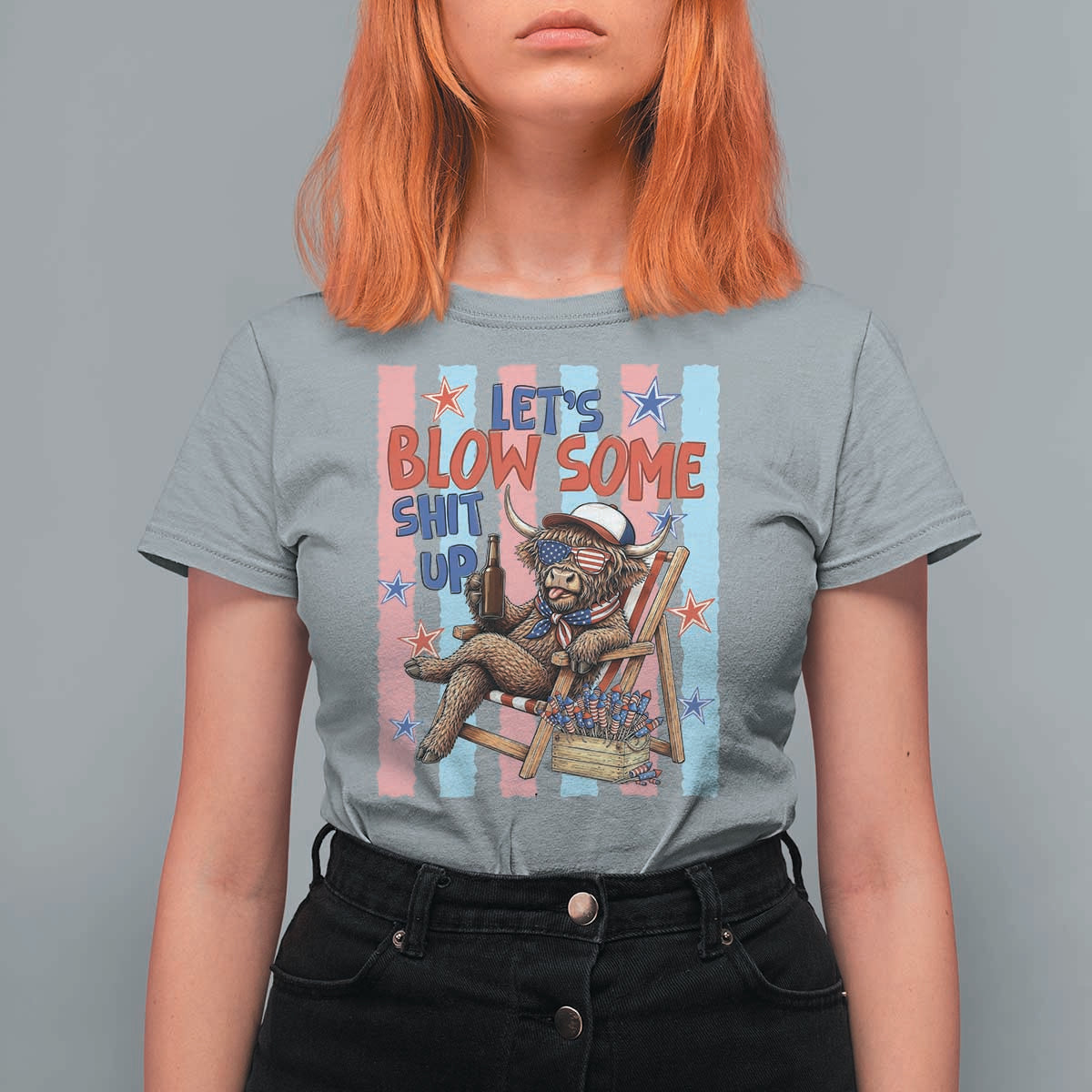 Funny Patriotic Highland Cow T Shirt For Women 4th Of July Fireworks Celebration
