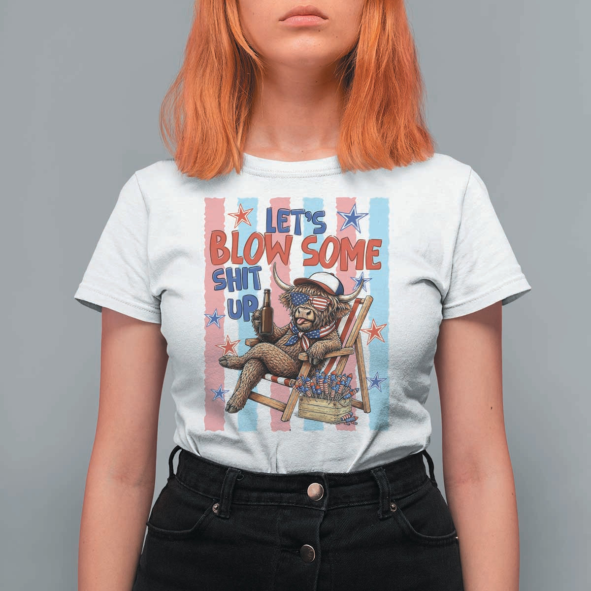 Funny Patriotic Highland Cow T Shirt For Women 4th Of July Fireworks Celebration