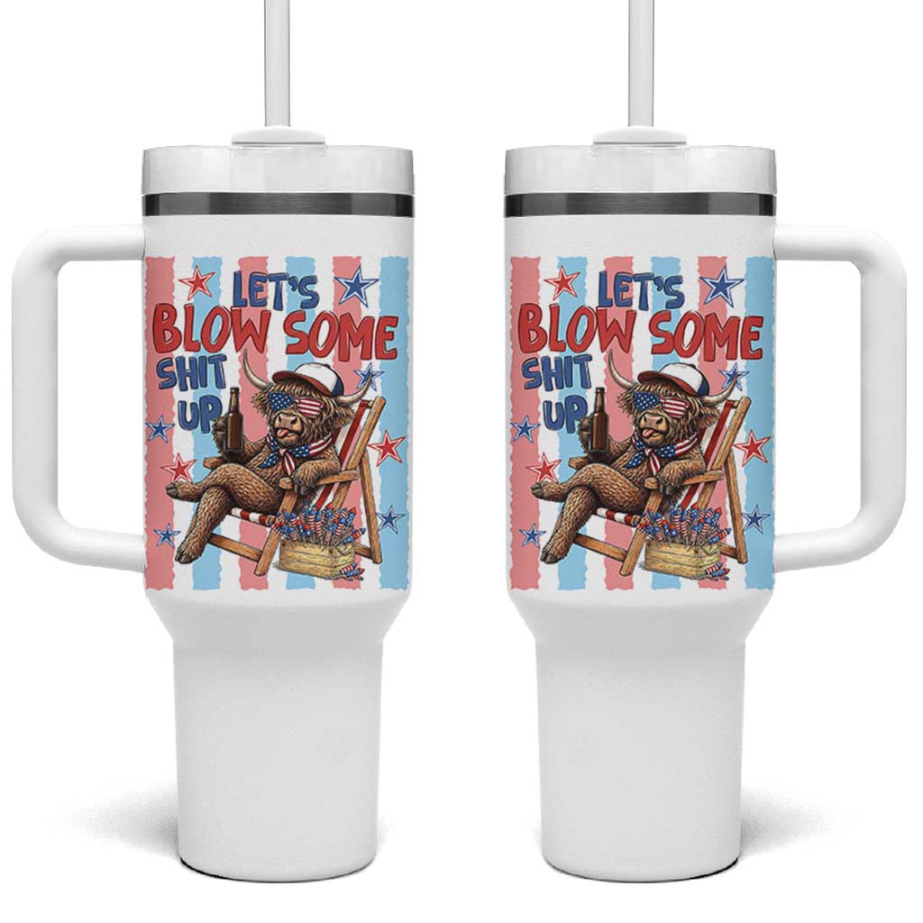 Funny Patriotic Highland Cow Tumbler With Handle 4th Of July Fireworks Celebration