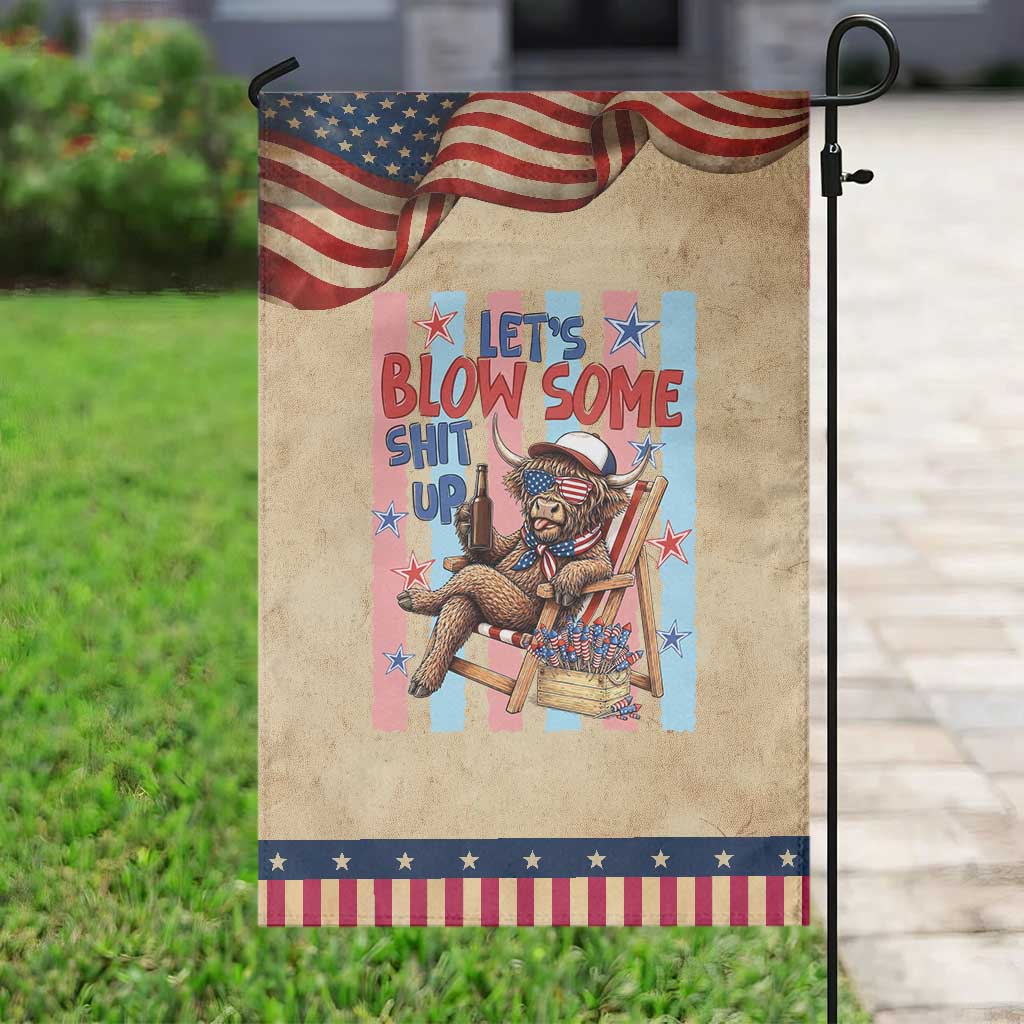 Funny Highland Cow Patriotic Garden Flag 4th Of July Fireworks Celebration
