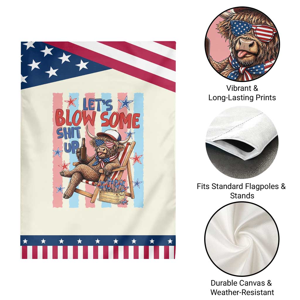 Funny Highland Cow Patriotic Garden Flag 4th Of July Fireworks Celebration