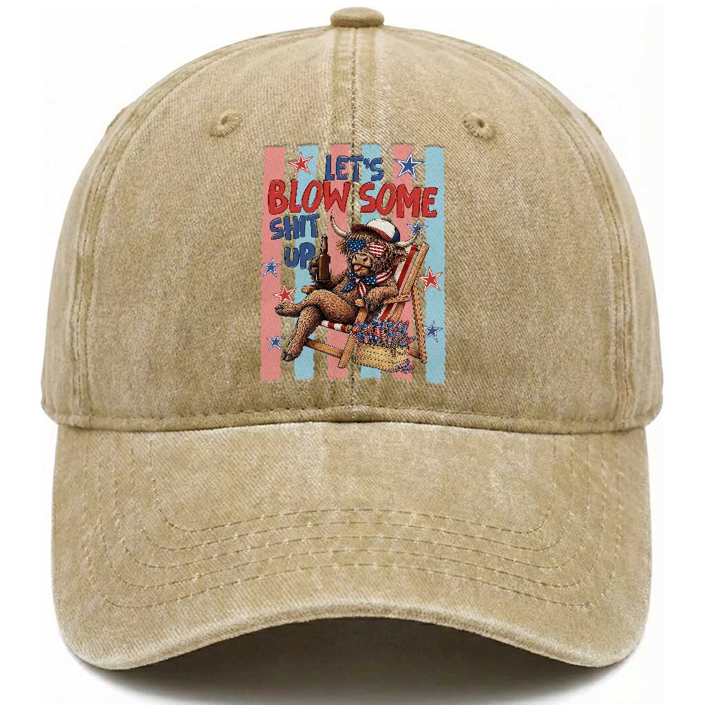 Funny Patriotic Highland Cow Washed Cotton Baseball Cap 4th Of July Fireworks Celebration
