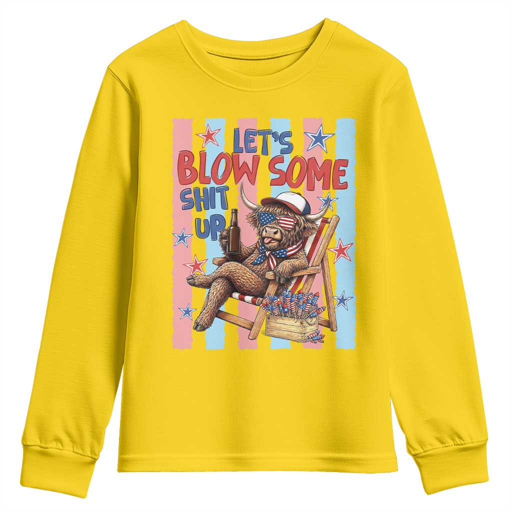 Funny Patriotic Highland Cow Youth Sweatshirt 4th Of July Fireworks Celebration