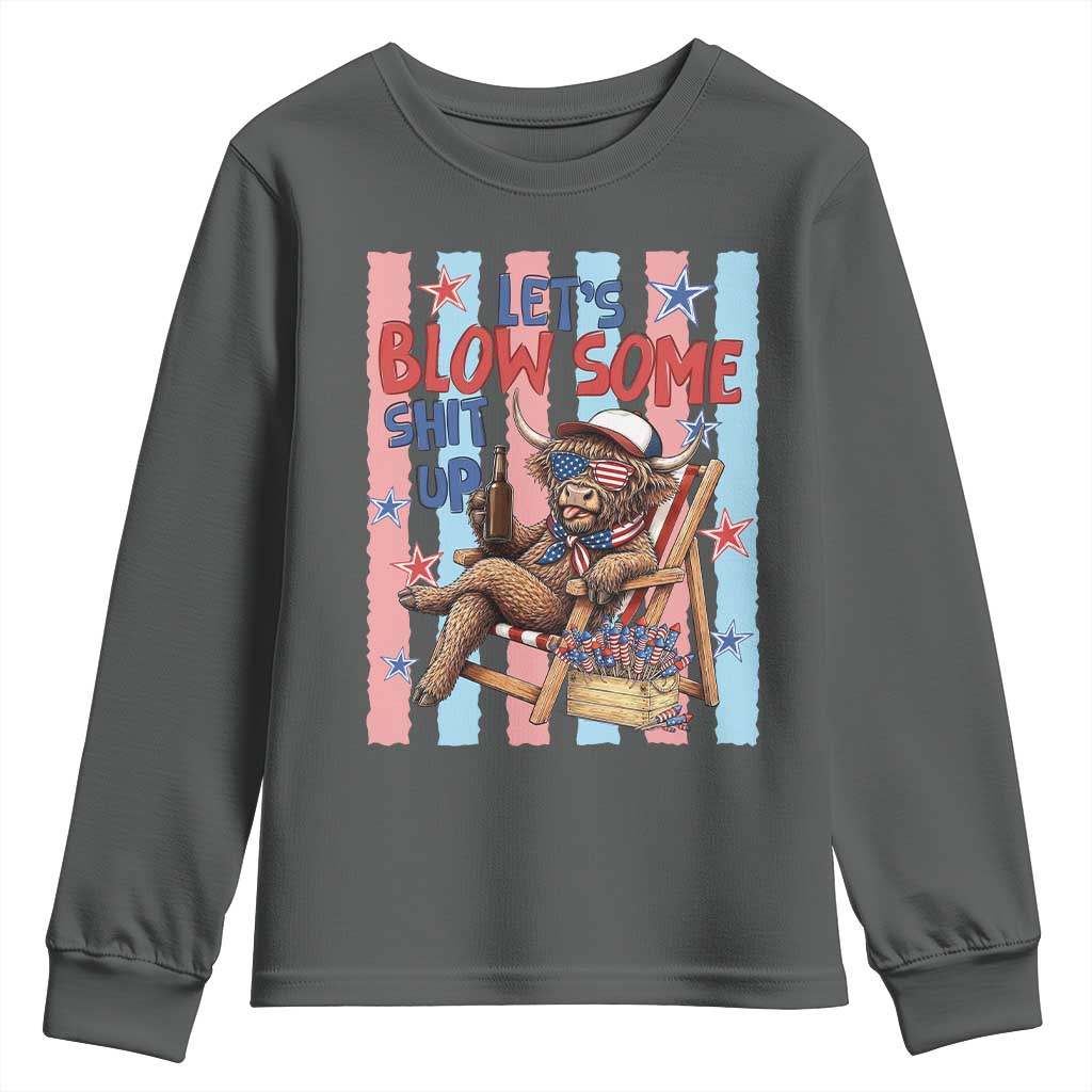 Funny Patriotic Highland Cow Youth Sweatshirt 4th Of July Fireworks Celebration