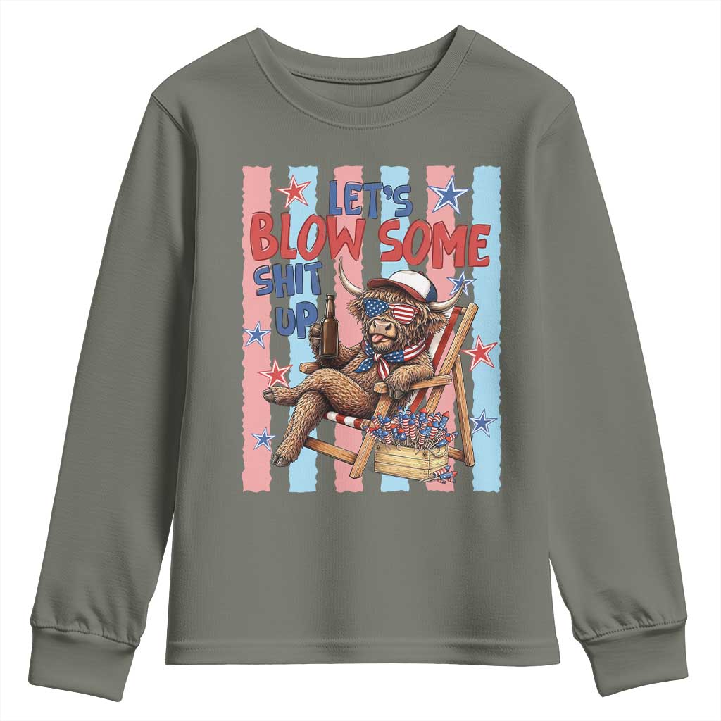 Funny Patriotic Highland Cow Youth Sweatshirt 4th Of July Fireworks Celebration