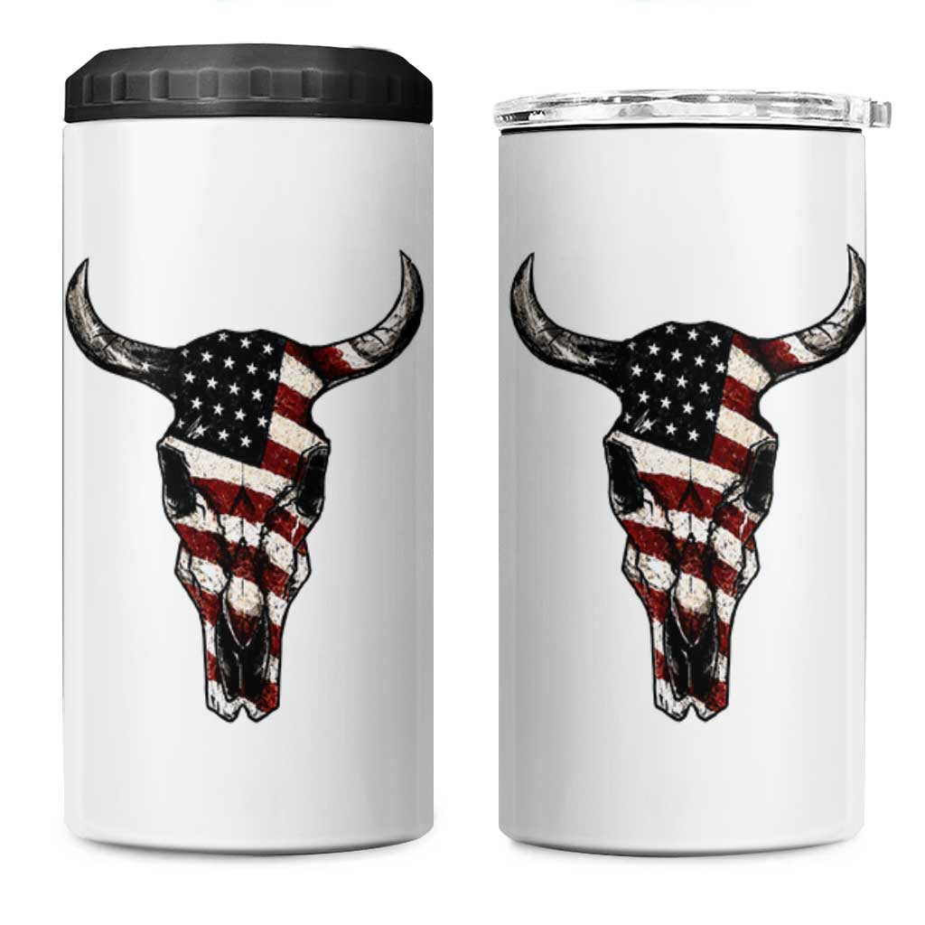 Vintage Western Cow Skull Usa Flag 4 in 1 Can Cooler Tumbler Patriotic American Pride