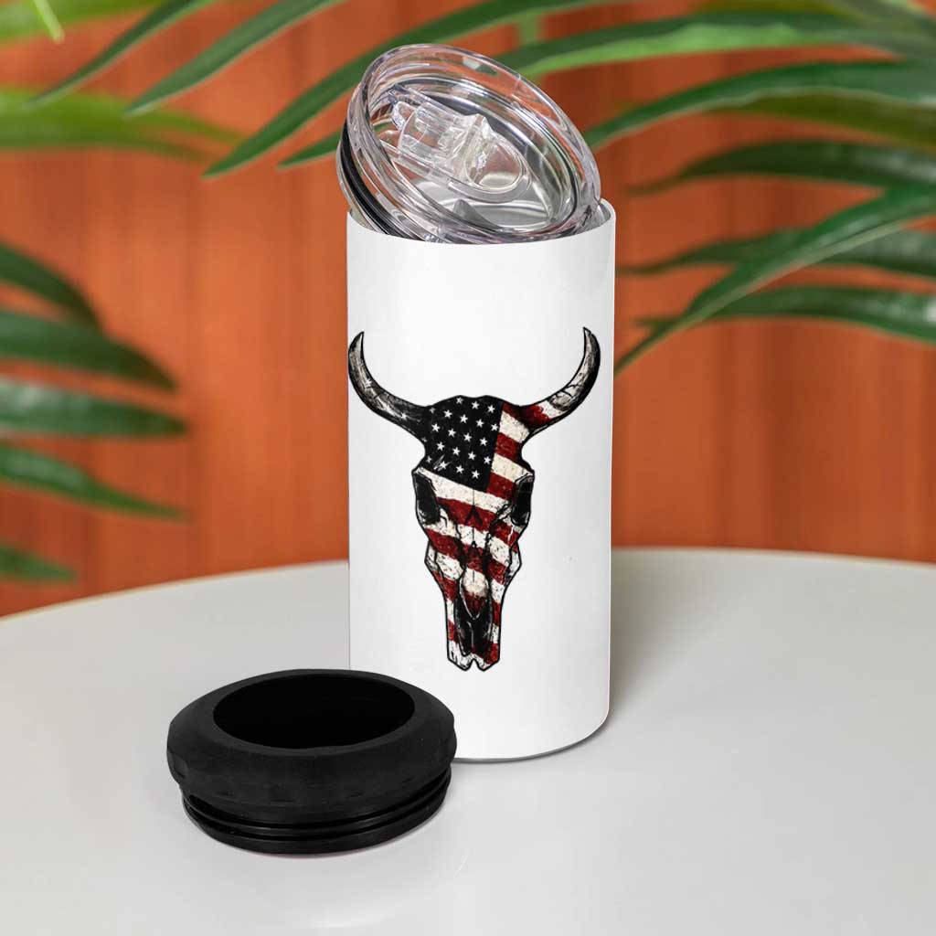 Vintage Western Cow Skull Usa Flag 4 in 1 Can Cooler Tumbler Patriotic American Pride