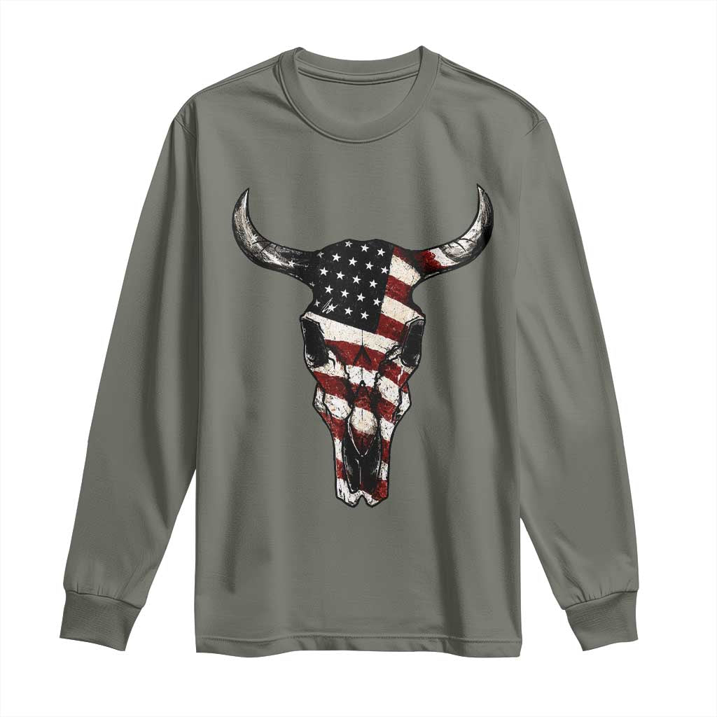 Vintage Western Cow Skull Usa Flag Long Sleeve Shirt Patriotic American Pride