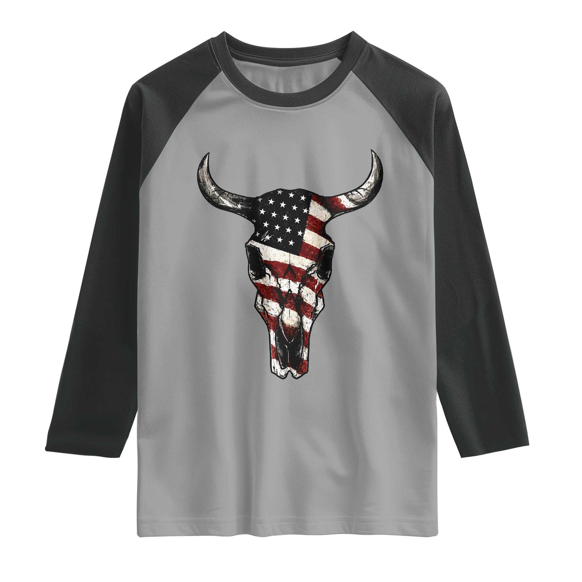 Vintage Western Cow Skull Usa Flag Raglan Shirt Patriotic American Pride
