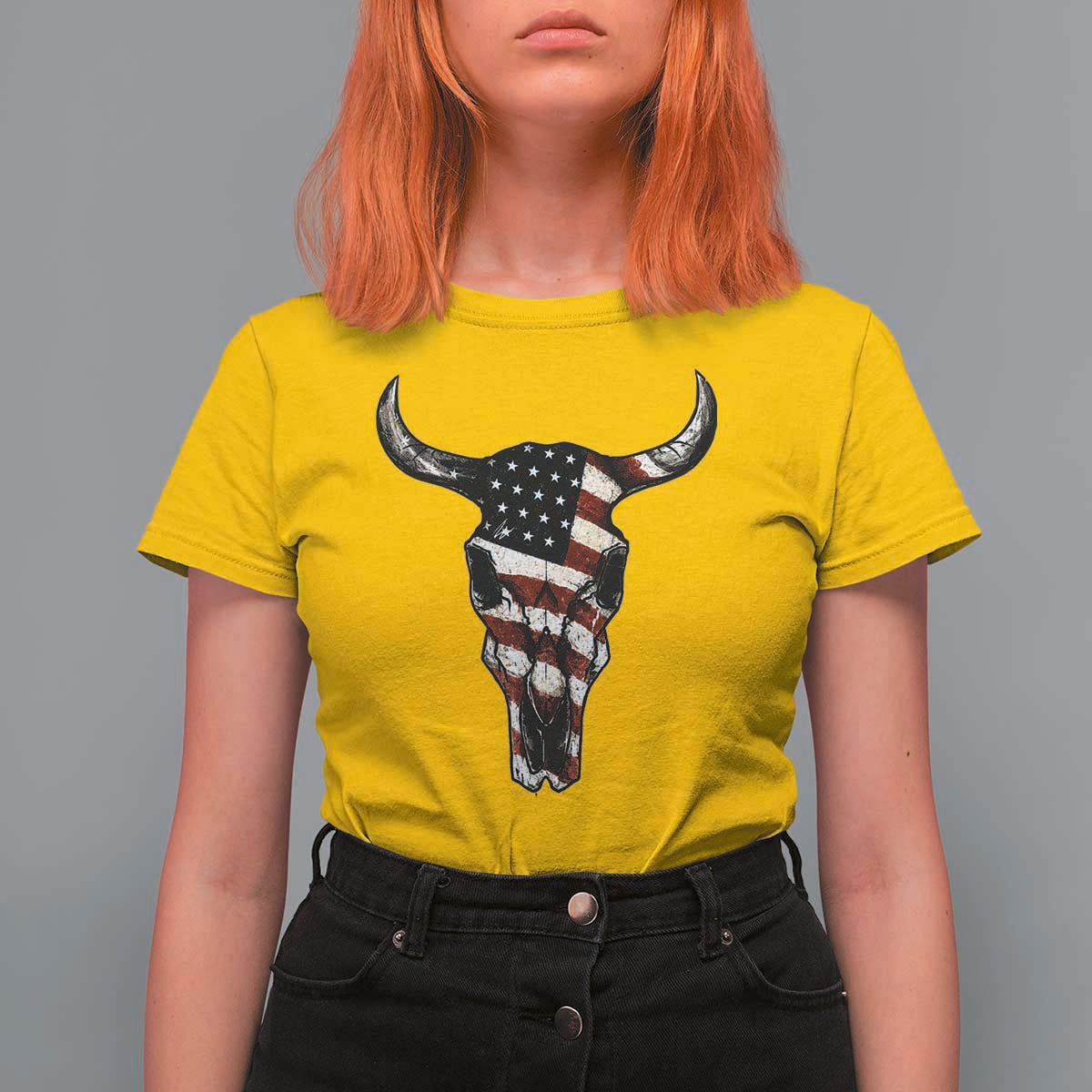 Vintage Western Cow Skull Usa Flag T Shirt For Women Patriotic American Pride