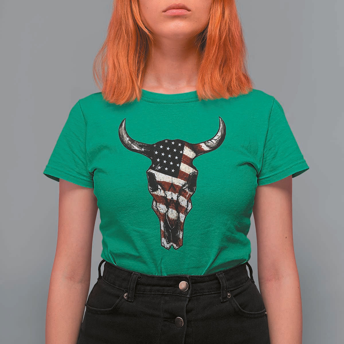 Vintage Western Cow Skull Usa Flag T Shirt For Women Patriotic American Pride