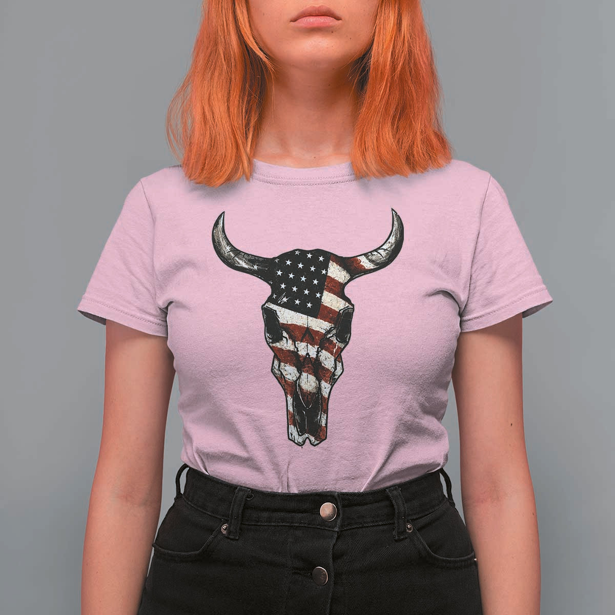 Vintage Western Cow Skull Usa Flag T Shirt For Women Patriotic American Pride