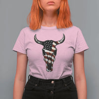 Vintage Western Cow Skull Usa Flag T Shirt For Women Patriotic American Pride