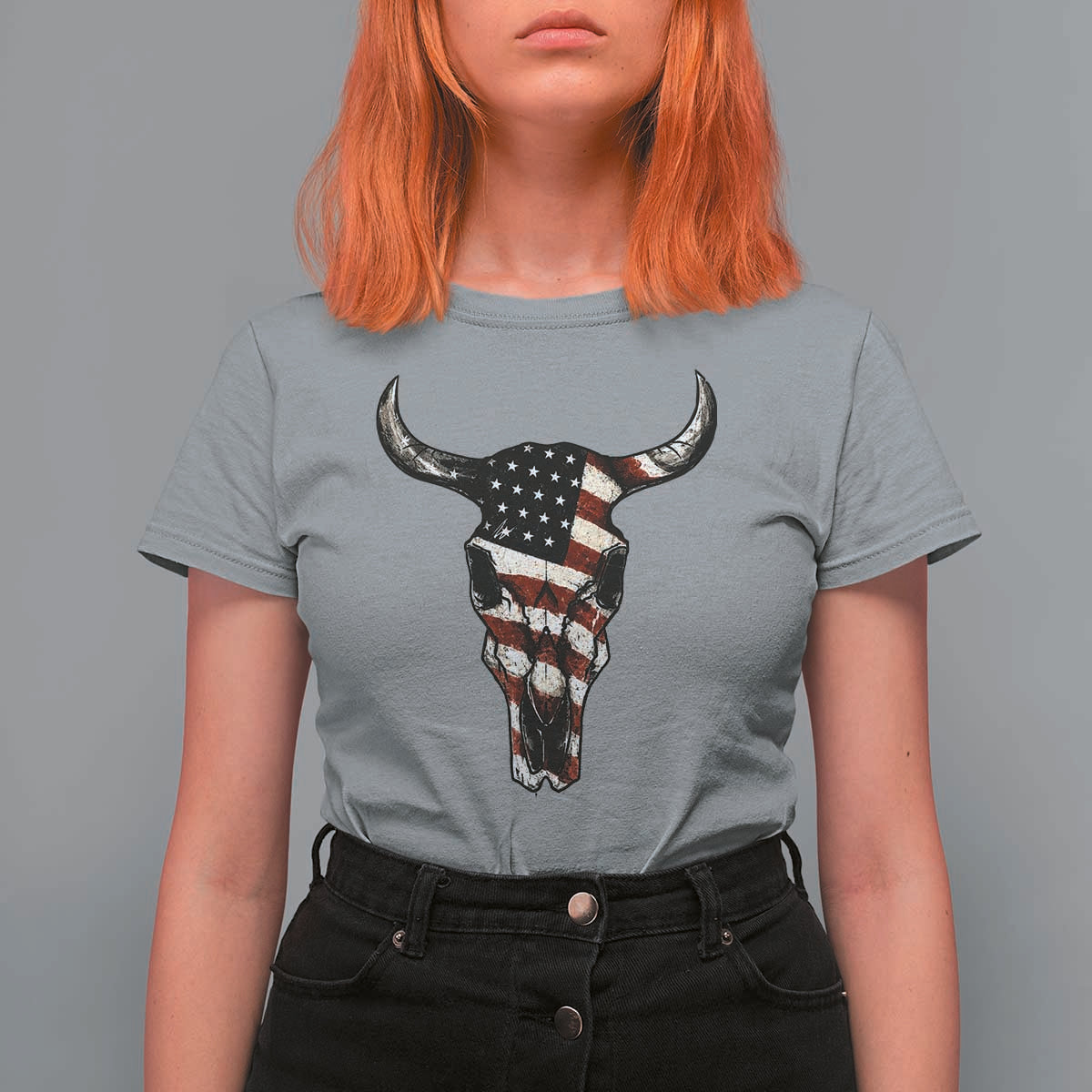 Vintage Western Cow Skull Usa Flag T Shirt For Women Patriotic American Pride