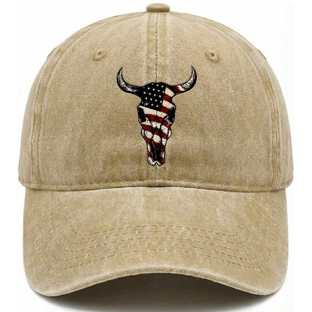 Vintage Western Cow Skull Usa Flag Washed Cotton Baseball Cap Patriotic American Pride