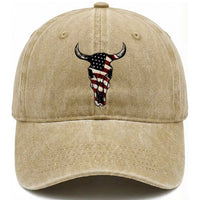 Vintage Western Cow Skull Usa Flag Washed Cotton Baseball Cap Patriotic American Pride