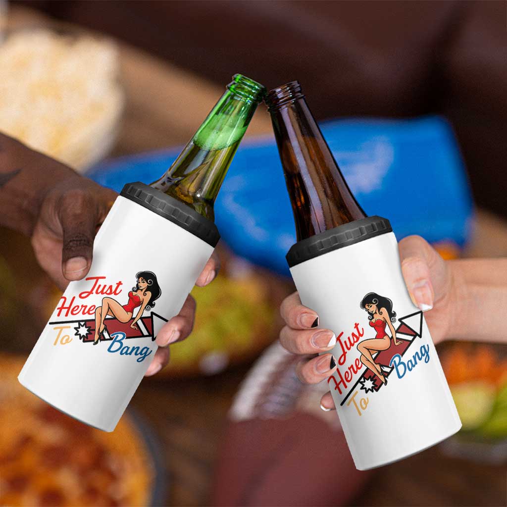 Funny Patriotic Pin Up Girl Firework USA Gift 4 in 1 Can Cooler Tumbler Just Here To Bang