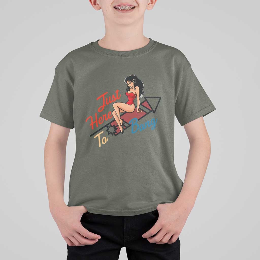 Funny Patriotic Pin Up Girl Firework USA Gift T Shirt For Kid Just Here To Bang
