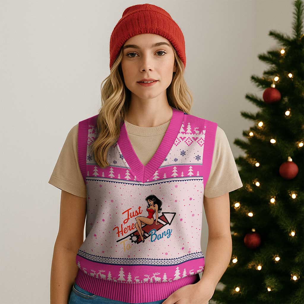 Funny Patriotic Pin Up Girl Firework USA Gift V-Neck Knit Sweater Vest Just Here To Bang