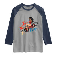 Funny Patriotic Pin Up Girl Firework USA Gift Raglan Shirt Just Here To Bang