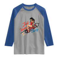 Funny Patriotic Pin Up Girl Firework USA Gift Raglan Shirt Just Here To Bang