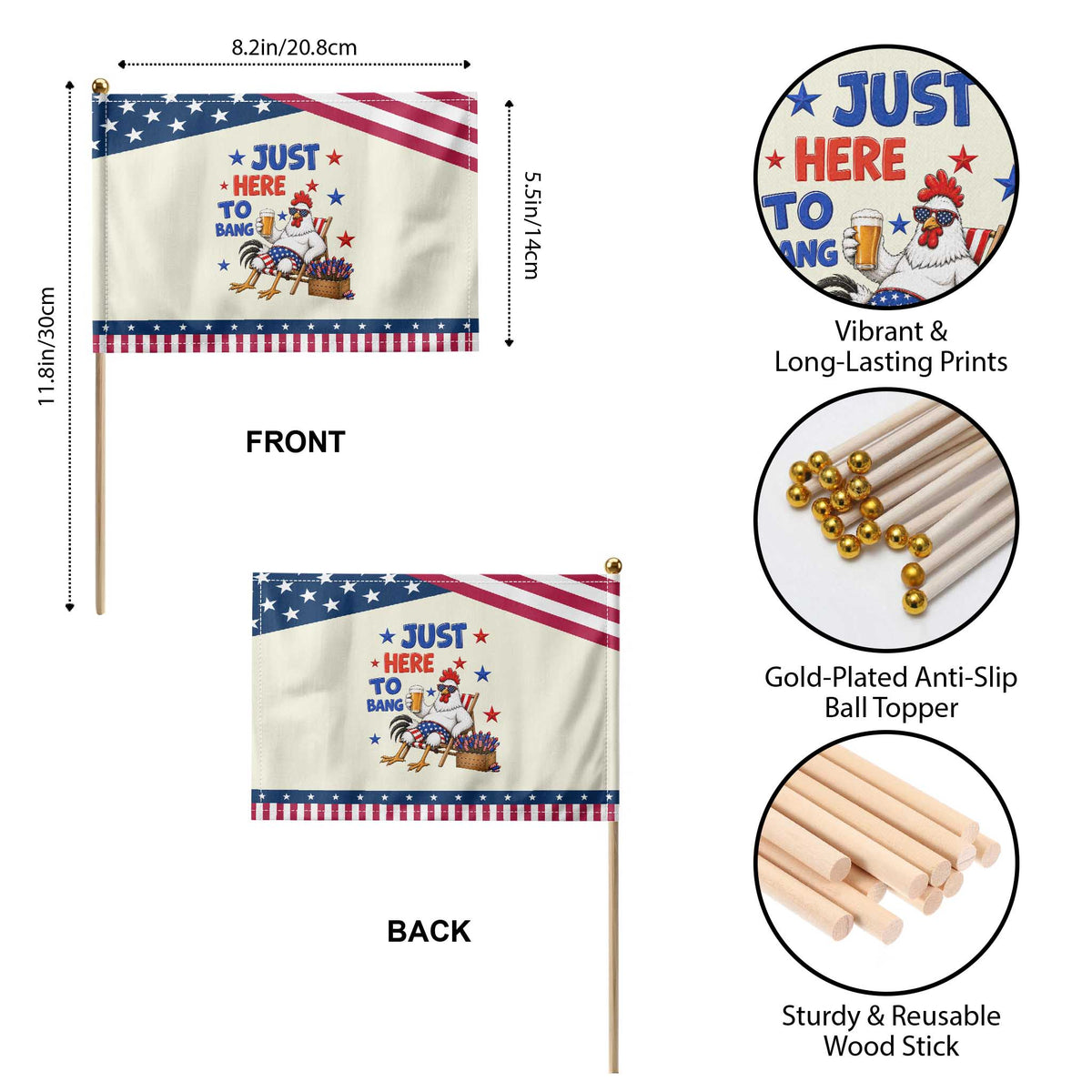 Funny Chicken 4th Of July Celebration Patriotic Handheld Flag Just Here To Bang