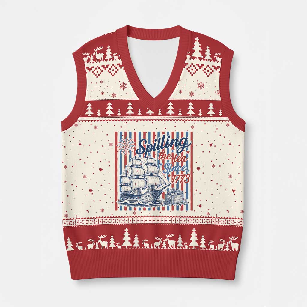 Spilling The Tea Since 1773 V-Neck Knit Sweater Vest Boston Tea Party USA History Humor