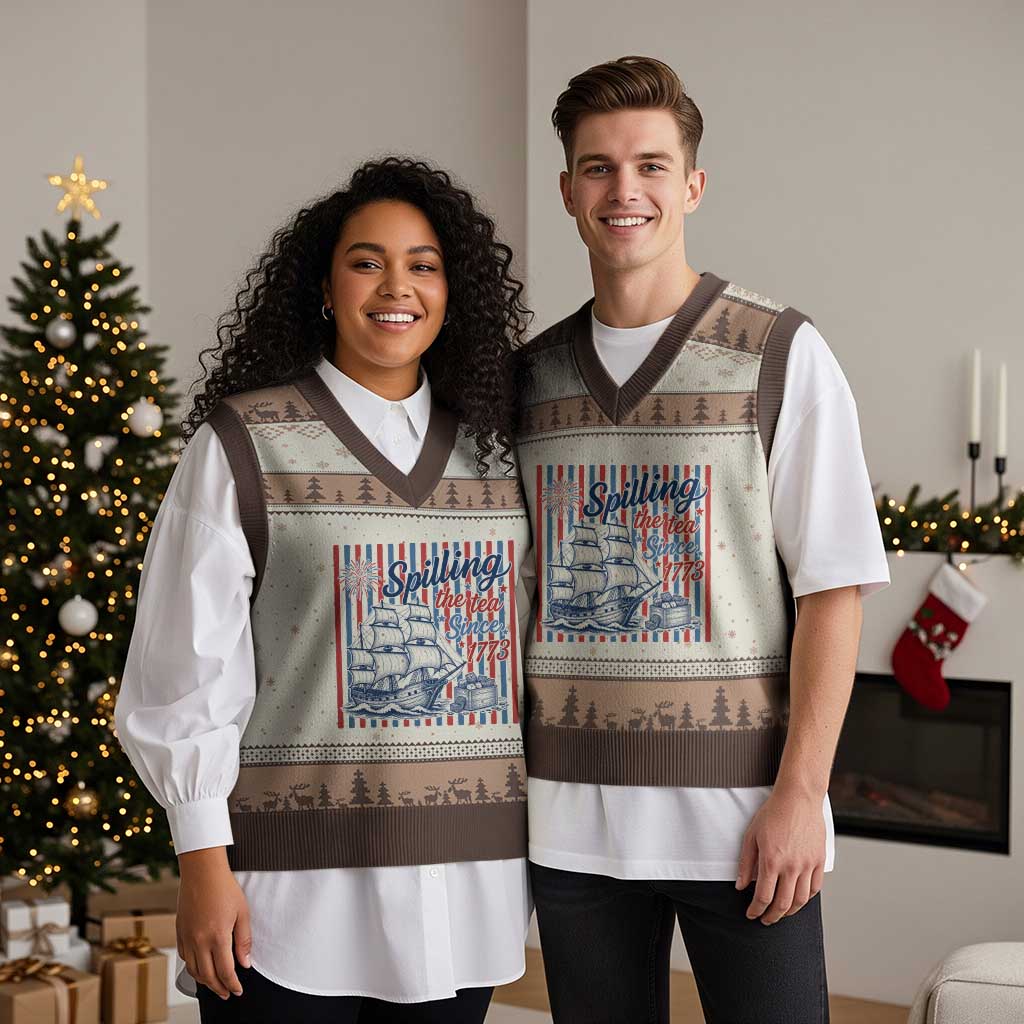 Spilling The Tea Since 1773 V-Neck Knit Sweater Vest Boston Tea Party USA History Humor