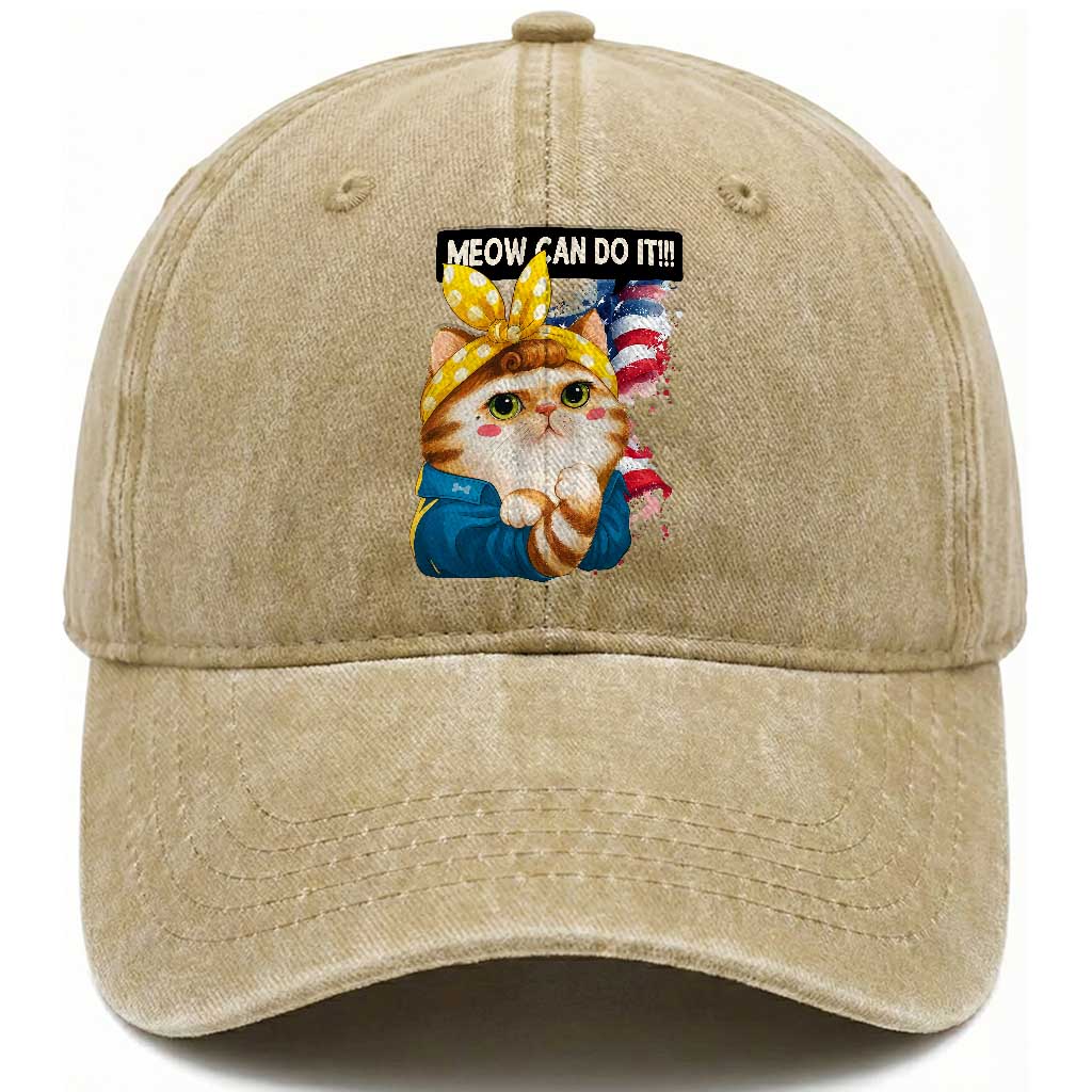 Meow Can Do It Washed Cotton Baseball Cap Funny Feminist Cat Lover Gift