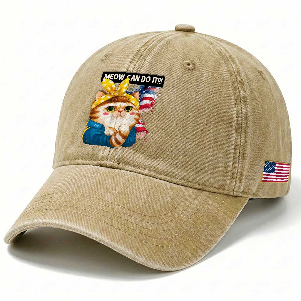 Meow Can Do It Washed Cotton Baseball Cap Funny Feminist Cat Lover Gift