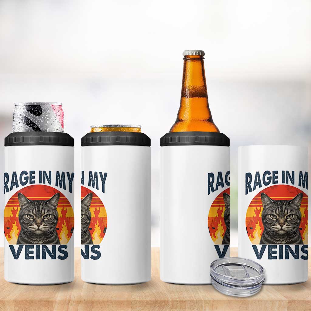 Cat Meme 4 in 1 Can Cooler Tumbler Funny Rage In My Veins Sarcastic Animal Humor