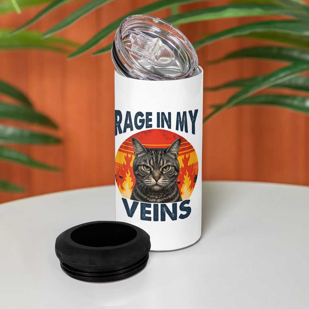Cat Meme 4 in 1 Can Cooler Tumbler Funny Rage In My Veins Sarcastic Animal Humor