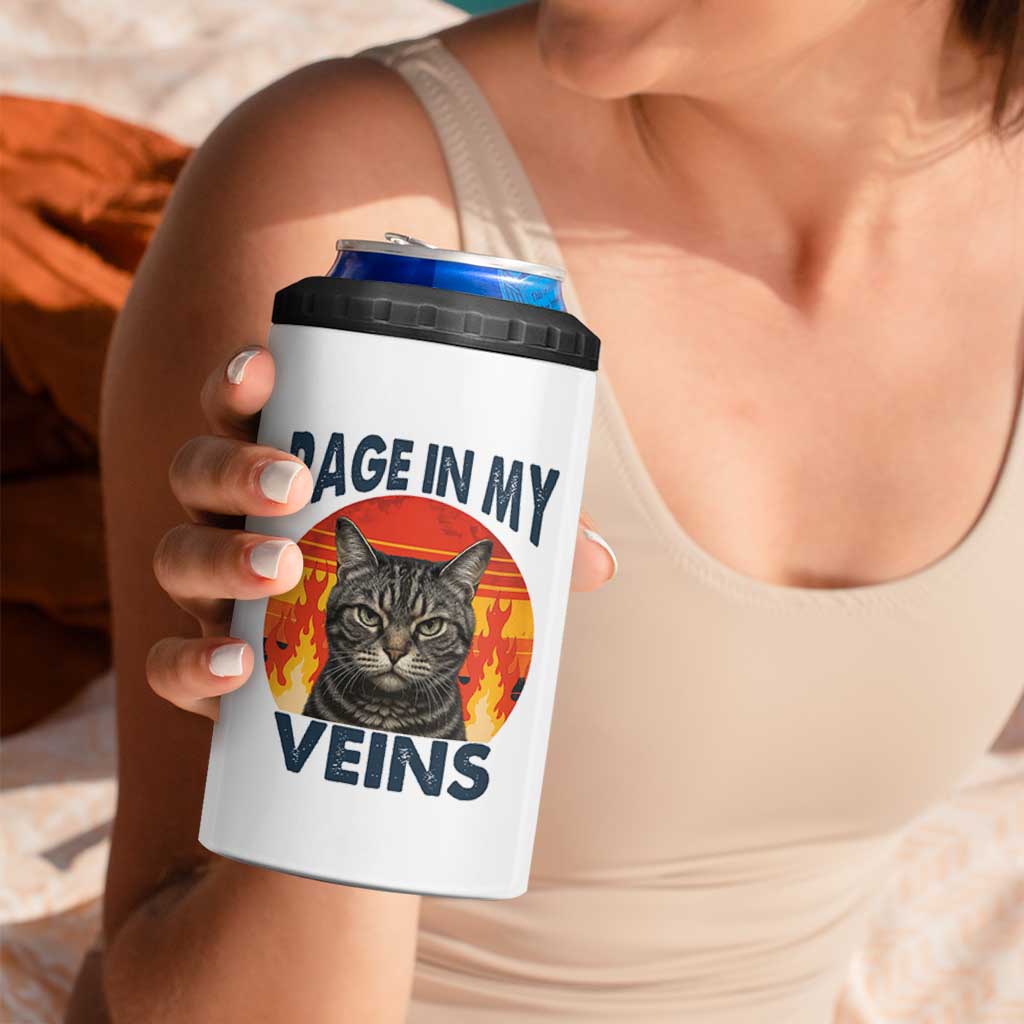 Cat Meme 4 in 1 Can Cooler Tumbler Funny Rage In My Veins Sarcastic Animal Humor