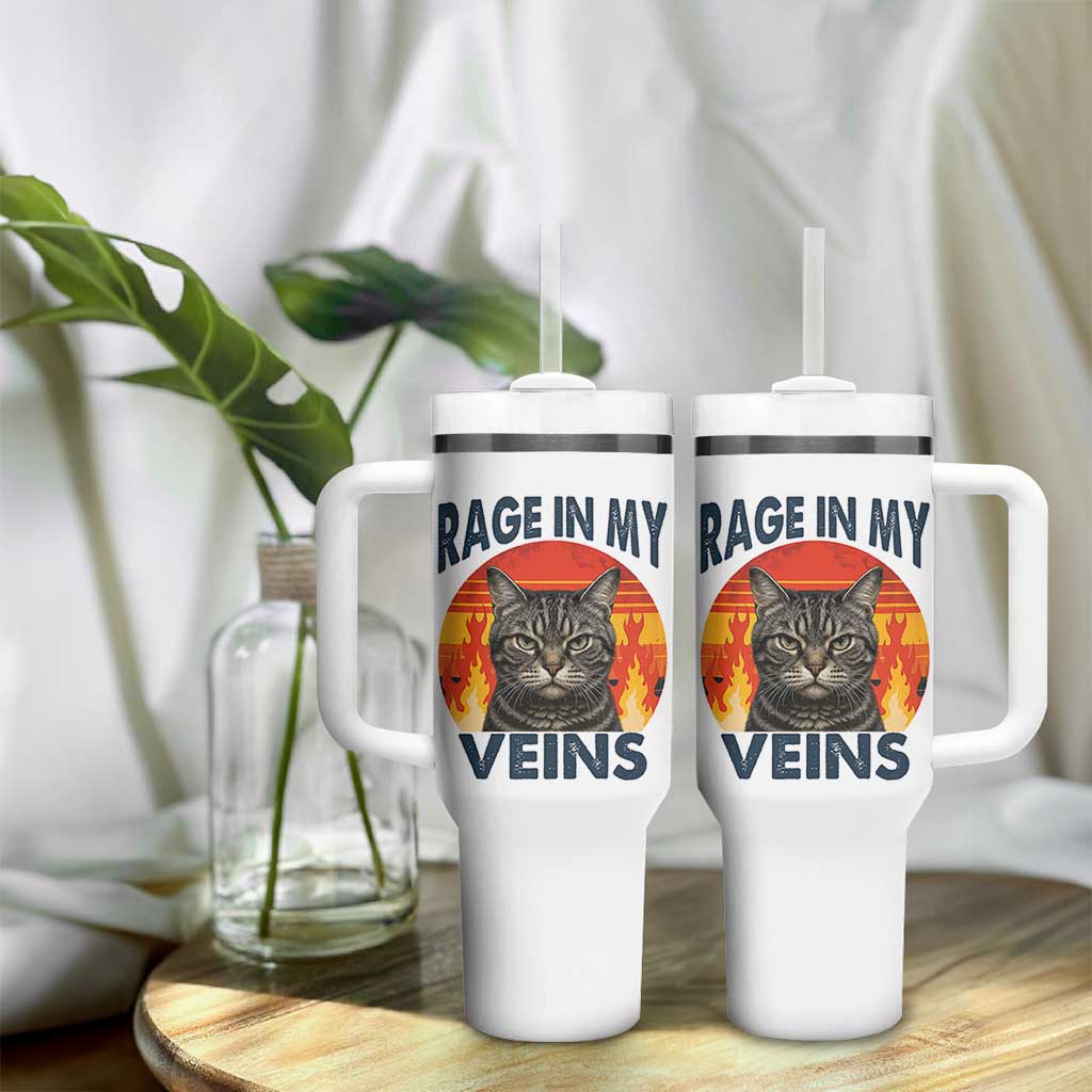 Cat Meme Tumbler With Handle Funny Rage In My Veins Sarcastic Animal Humor
