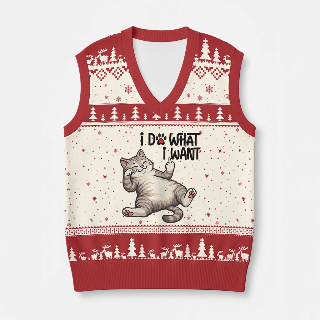 Cat Lover V-Neck Knit Sweater Vest Funny I Do What I Want - Wonder Print Shop