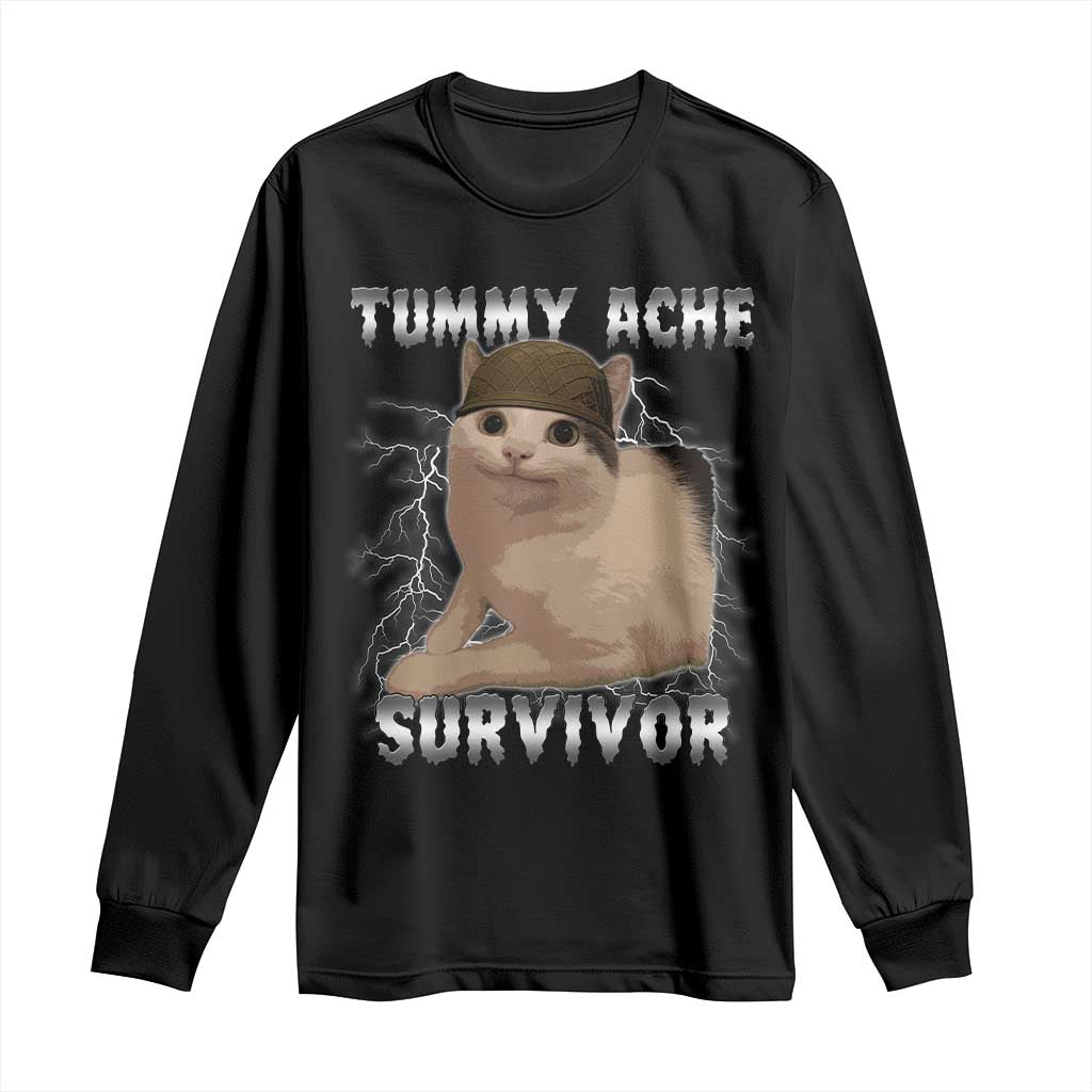 Tummy Ache Survivor Long Sleeve Shirt Cat Meme Humor Gift - Wonder Print Shop