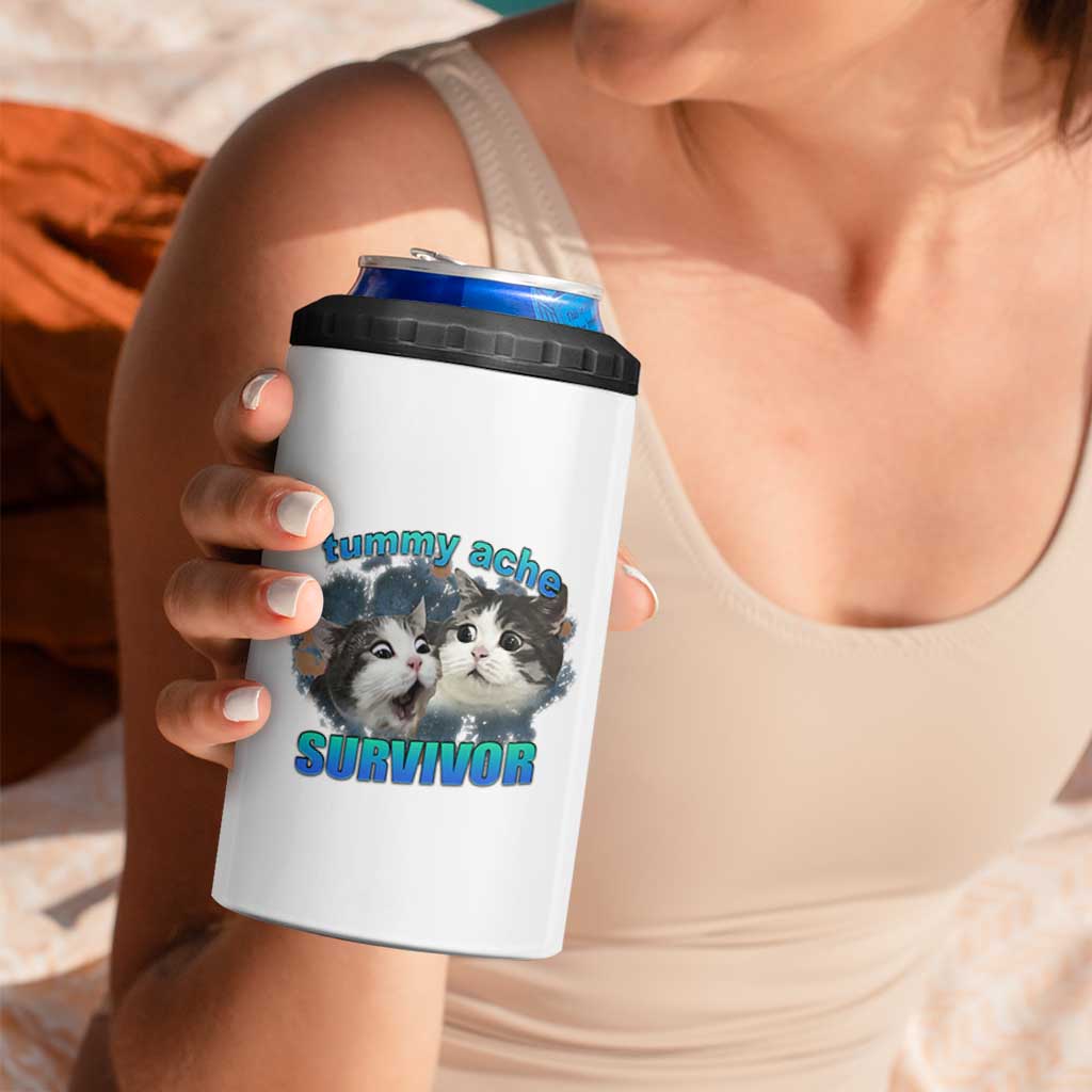 Tummy Ache Survivor 4 in 1 Can Cooler Tumbler Funny Cat Meme For Cat Lover