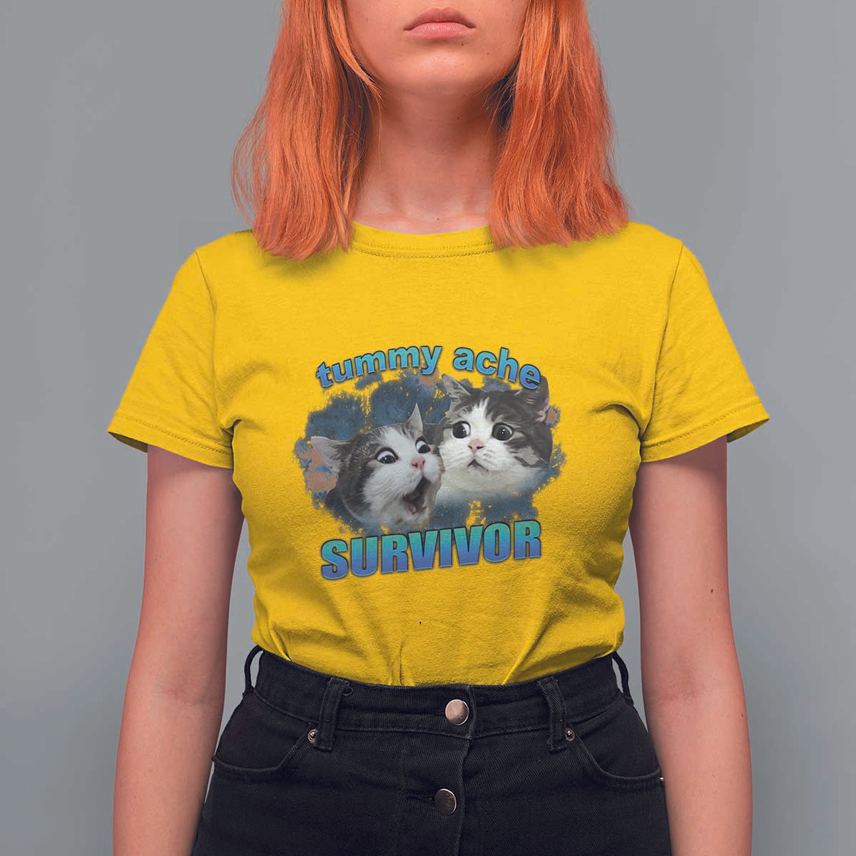 Tummy Ache Survivor T Shirt For Women Funny Cat Meme For Cat Lover - Wonder Print Shop