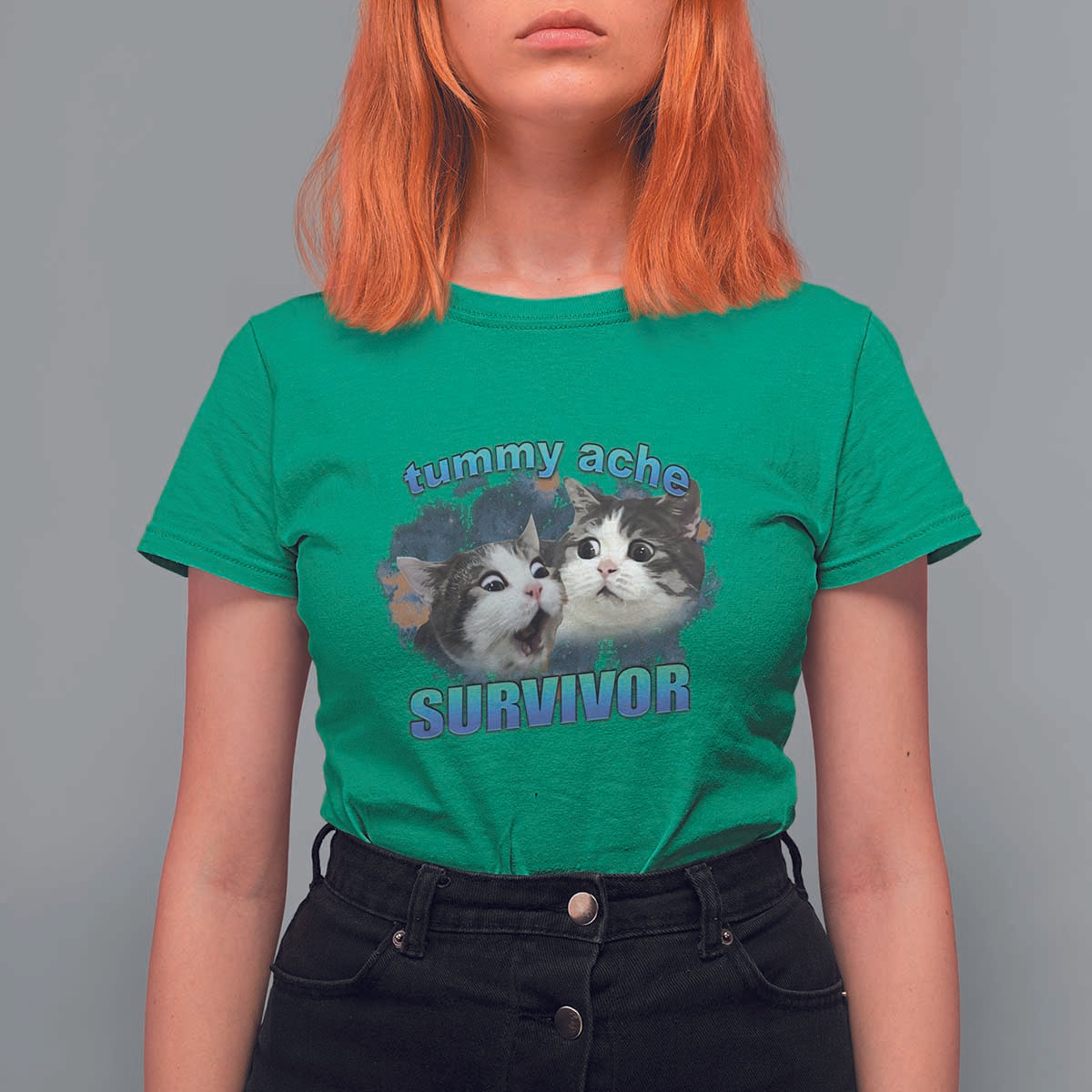 Tummy Ache Survivor T Shirt For Women Funny Cat Meme For Cat Lover - Wonder Print Shop