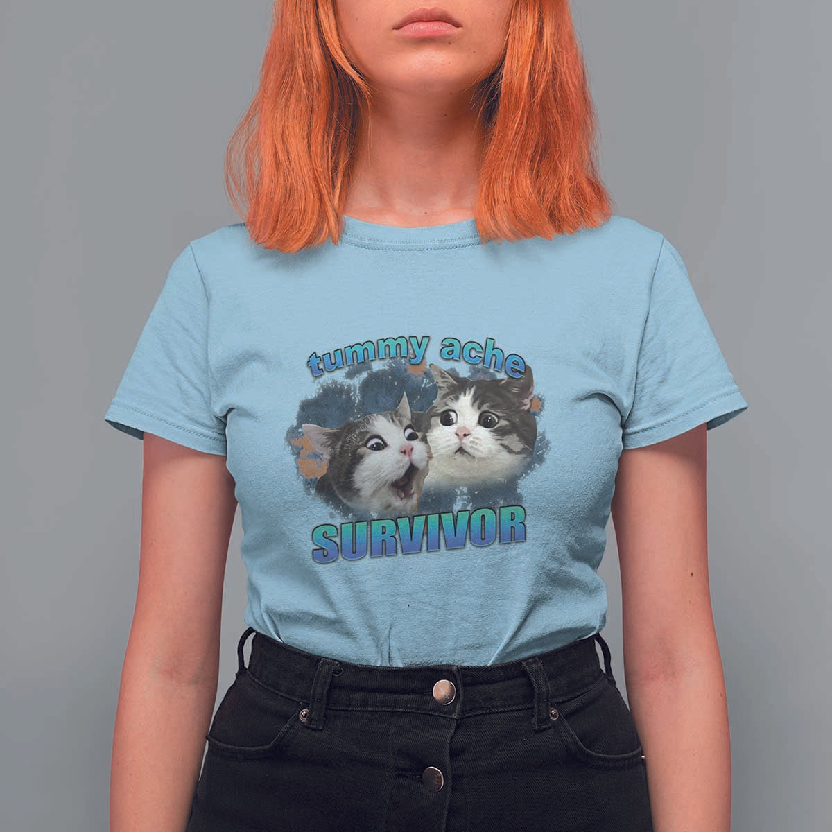 Tummy Ache Survivor T Shirt For Women Funny Cat Meme For Cat Lover - Wonder Print Shop